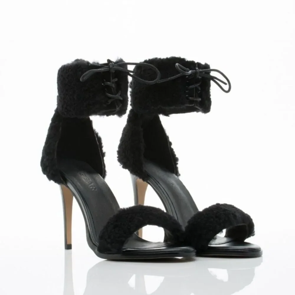 JAGGAR Transcendence Shearling Fur Heels in Black Lace Up Women's Size 9